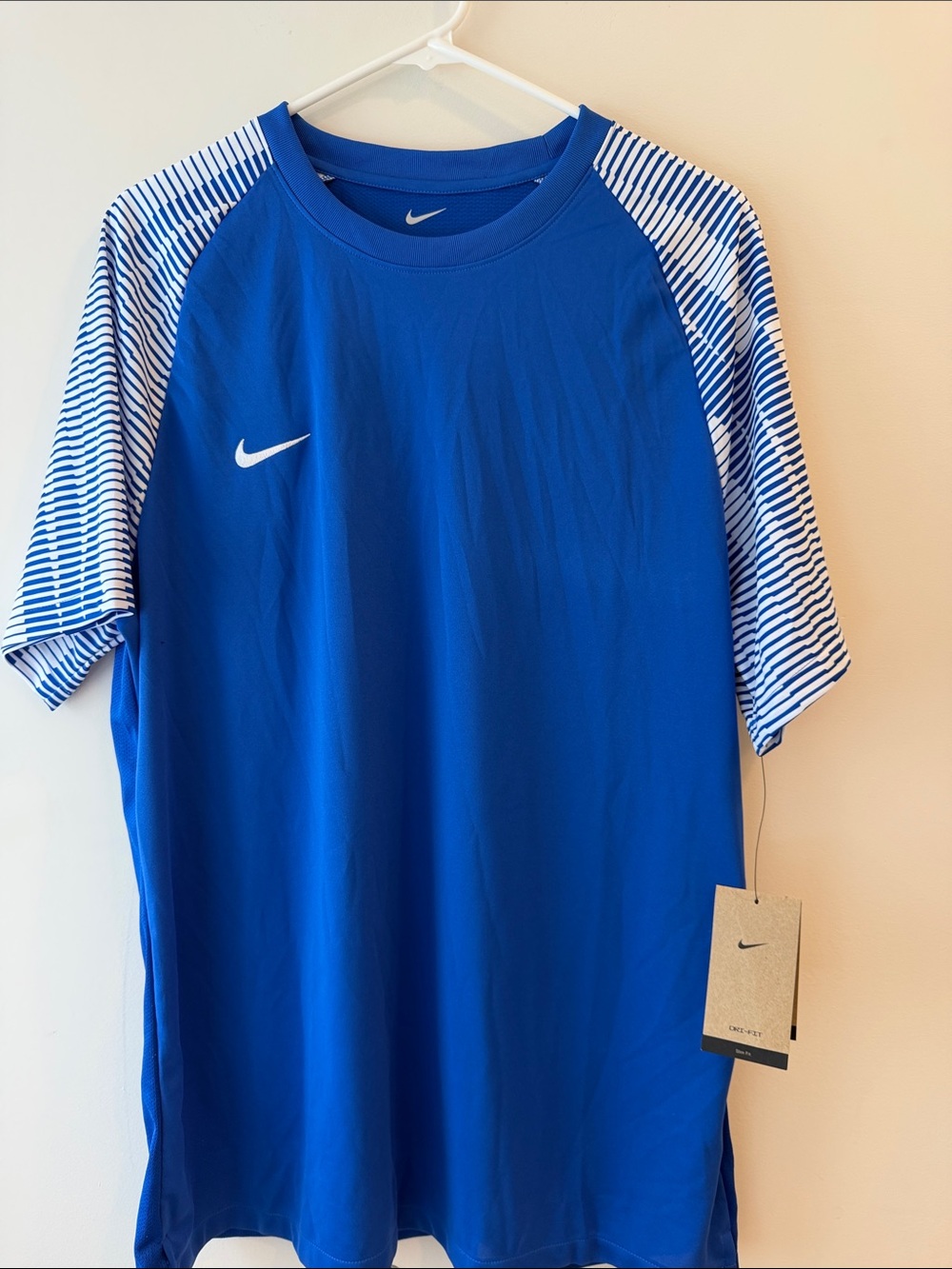 Nike Royal Blue Short Sleeve Performance Tee with White Striped Sleeves